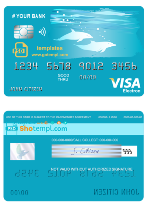 editable template, # wander dolphins universal multipurpose bank visa electron credit card template in PSD format, fully editable