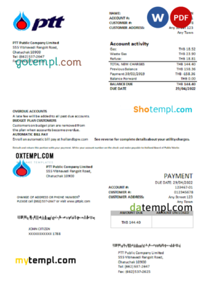 editable template, Thailand PTT gas utility bill template in Word and PDF format