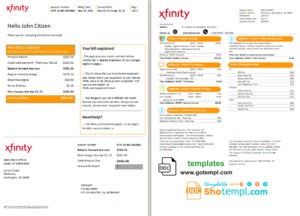 editable template, USA San Francisco Xfinity Comcast utility bill template in Word and PDF format (2 pages)