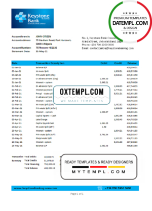 editable template, Nigeria Keystone Bank statement easy to fill template in .xls and .pdf file format