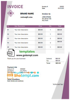 editable template, # dream authority universal multipurpose tax invoice template in Word and PDF format, fully editable
