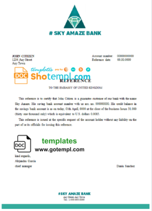 editable template, # sky amaze bank universal multipurpose bank account reference template in Word and PDF format