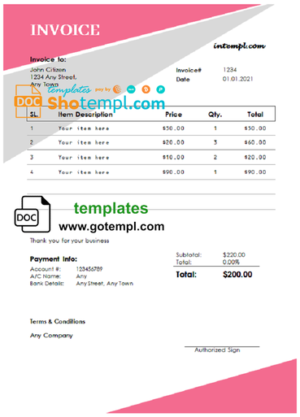 editable template, # bloom clouds universal multipurpose tax invoice template in Word and PDF format, fully editable