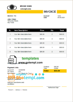 editable template, # auro lock universal multipurpose tax invoice template in Word and PDF format, fully editable