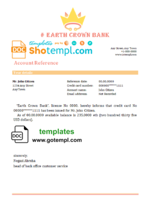 editable template, # earth crown bank universal multipurpose bank account reference template in Word and PDF format