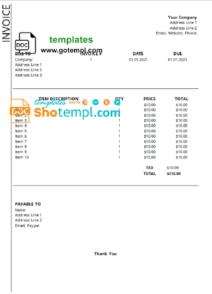 editable template, # simple chart universal multipurpose good-looking invoice template in Word and PDF format, fully editable