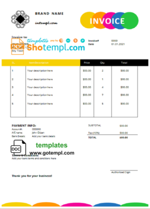 editable template, # glow outlook universal multipurpose tax invoice template in Word and PDF format, fully editable