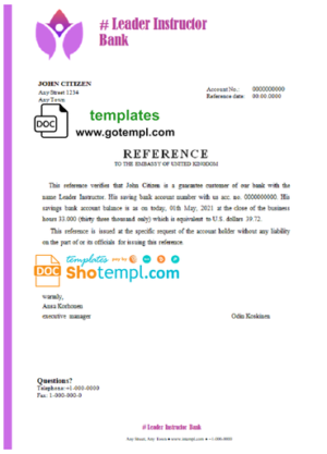 editable template, # leader instructor bank universal multipurpose bank account reference template in Word and PDF format