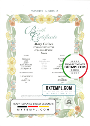 editable template, Australia Western Australia decorative (commemorative) birth certificate template in PSD format, fully editable