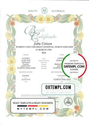 editable template, Australian South Australia decorative (commemorative) birth certificate template in PSD format, fully editable