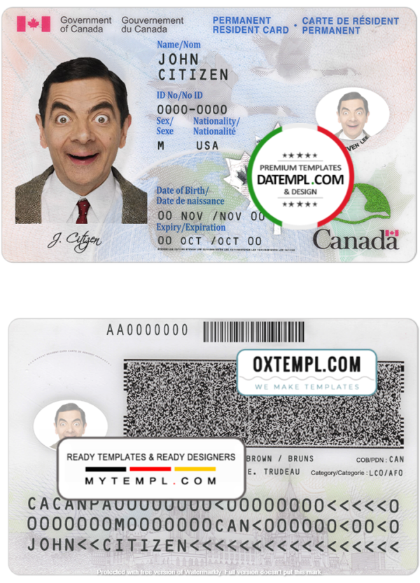 editable template, Canada Permanent resident card template in PSD format, fully editable