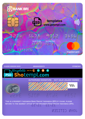 editable template, Indonesia bank Rakyat Indonesia (BRI) bank mastercard, fully editable template in PSD format