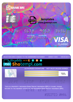 editable template, Indonesia bank Rakyat Indonesia (BRI) bank visa classic card, fully editable template in PSD format