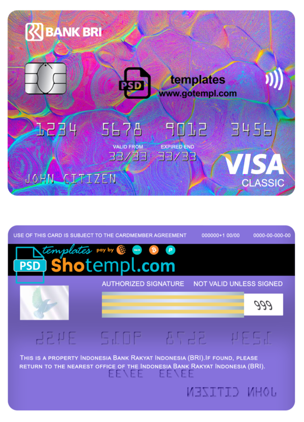 editable template, Indonesia bank Rakyat Indonesia (BRI) bank visa classic card, fully editable template in PSD format