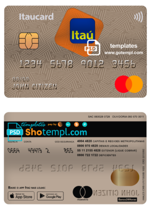 editable template, Brazil Itaú bank mastercard debit card template in PSD format, fully editable