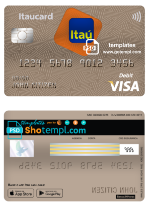 editable template, Brazil Itaú bank visa card debit card template in PSD format, fully editable