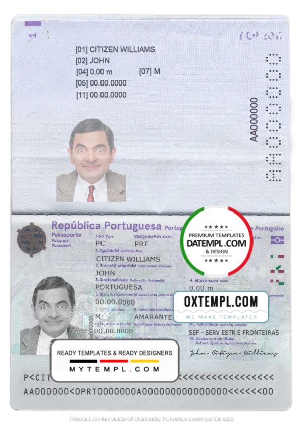 editable template, Portugal passport template in PSD format, fully editable (2017- present)