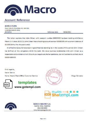 editable template, Argentina Banco Macro bank reference letter template in .doc and .pdf format