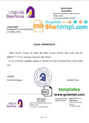 editable template, Oman Bank Nizwa bank account reference letter template in Word and PDF format