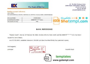 editable template, Pakistan Khyber bank account reference letter template in Word and PDF format