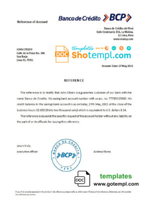 editable template, Peru Banco de Credito bank account reference letter template in Word and PDF format