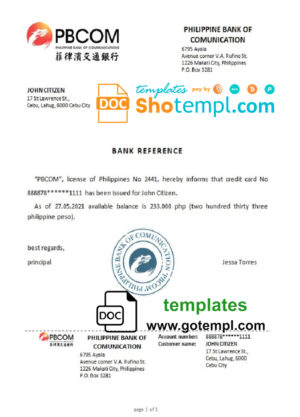 editable template, Philippines Pilippine Bank of Comunication bank reference letter template in Word and PDF format