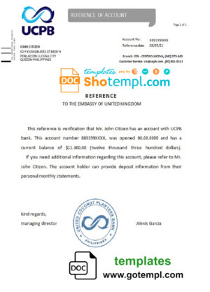 editable template, Philippines UCPB bank reference letter template in Word and PDF format