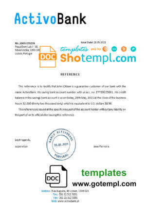editable template, Portugal Activobank bank account reference letter template in Word and PDF format