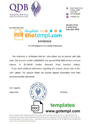 editable template, Qatar Development Bank bank account reference letter template in Word and PDF format