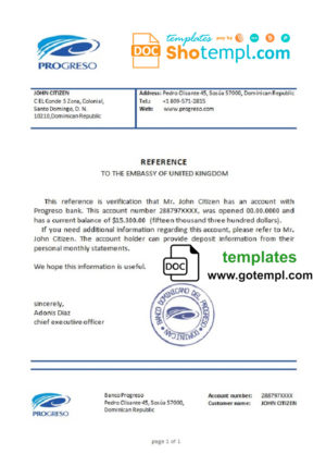 editable template, Dominican Republic Banco Progreso bank account balance reference letter template in Word and PDF format