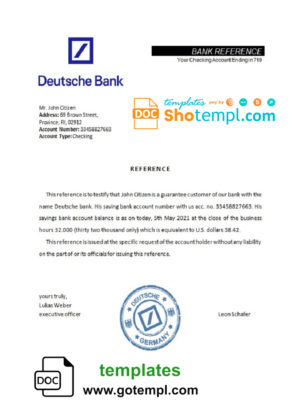 editable template, Germany Deutsche bank account reference letter template in Word and PDF format
