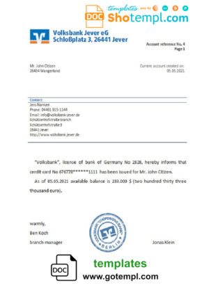editable template, Germany Volksbank bank account reference letter template in Word and PDF format