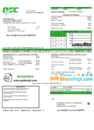 editable template, USA Delaware Electric Co-op utility bill template in Word and PDF format