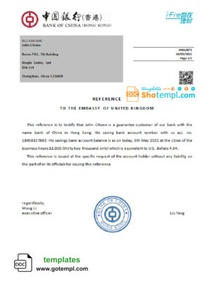editable template, Hong Kong Bank of China bank account reference letter template in Word and PDF format