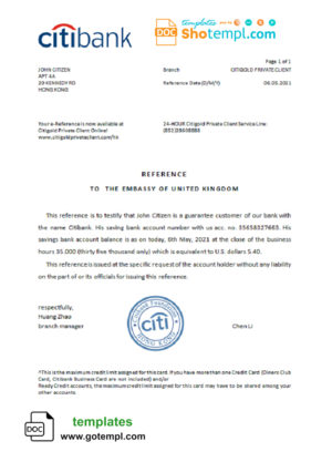 editable template, Hong Kong Citibank reference letter template in Word and PDF format