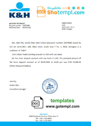editable template, Hungary K&amp;H bank reference letter template in Word and PDF format