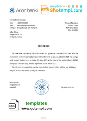 editable template, Iceland Arion bank reference letter template in Word and PDF format