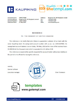 editable template, Iceland Kaupthing bank reference letter template in Word and PDF format