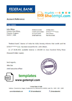 editable template, India Federal bank reference letter template in Word and PDF format