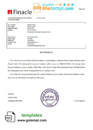 editable template, India Finacle bank reference letter template in Word and PDF format