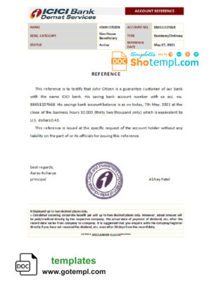 editable template, India ICICI bank reference letter template in Word and PDF format