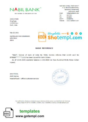 editable template, India Nabil bank reference letter template in Word and PDF format