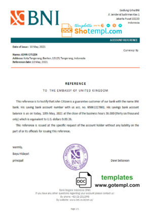 editable template, Indonesia Negara bank reference letter template in Word and PDF format