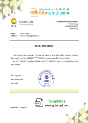 editable template, Iraq Kurdistan International bank reference letter template in Word and PDF format