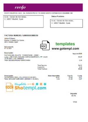 editable template, Spain Renfe utility bill template in Word and PDF format