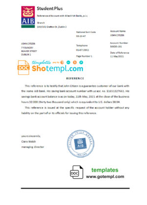 editable template, Ireland AIB bank account reference letter template in Word and PDF format