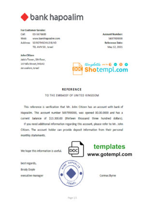editable template, Israel Hapoalim bank account reference letter template in Word and PDF format