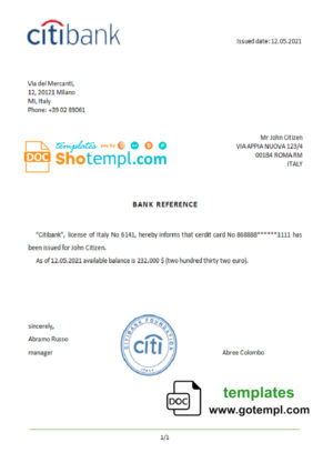 editable template, Italy Citibank bank account reference letter template in Word and PDF format