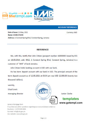 editable template, Jamaica Mortgage bank account reference letter template in Word and PDF format