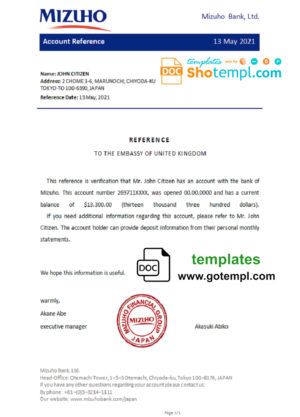 editable template, Japan Mizuho bank account reference letter template in Word and PDF format
